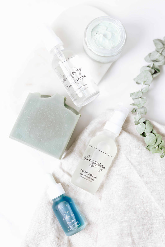Pretty Farm Girl Skin Redness Skincare Routine Kit bundle with cleansers, serums, and creams for soothing and calming skin.