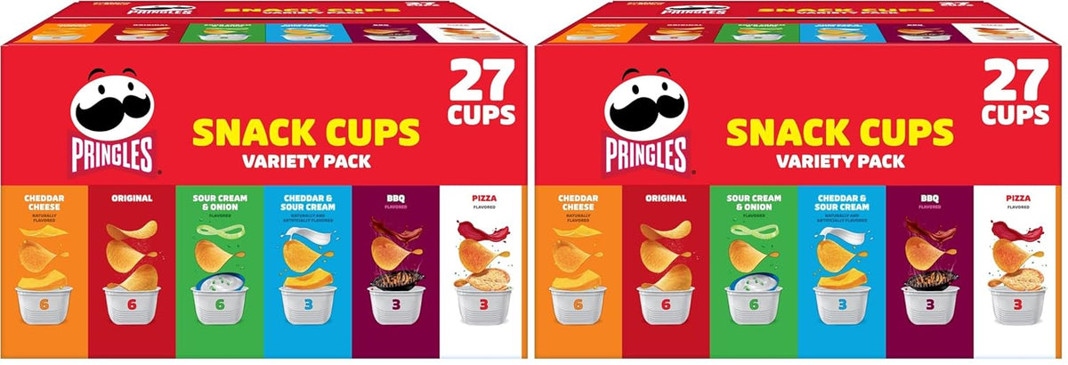 Pringles potato crisps snack cups variety pack in a 19.5oz box, showing colorful snack cups filled with crispy potato chips.