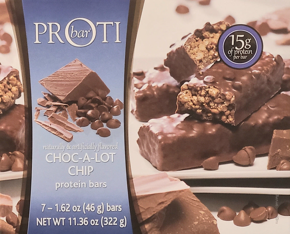 AmBari Nutrition Choc-A-Lot Chip Bar, a protein bar with chocolate chips and a caramel flavor, sliced to show texture.