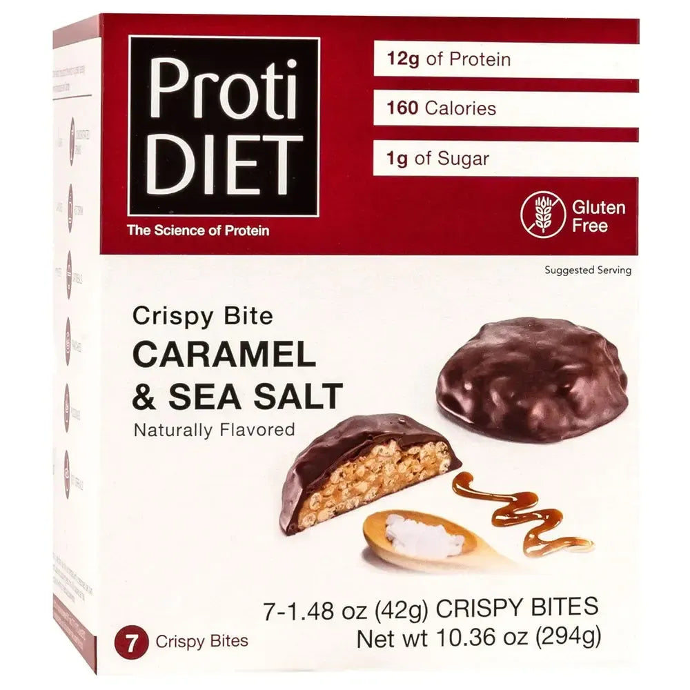 AmBari Nutrition Caramel & Sea Salt Bites in a clear plastic container, showing bite-sized caramel treats with sea salt topping.