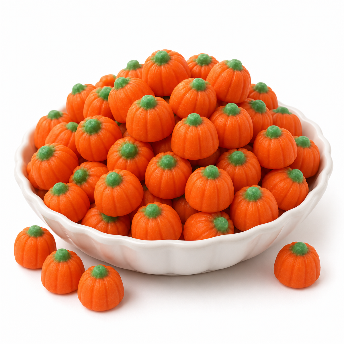 Brach's Mellowcreme Pumpkins candy in a bulk value bag, featuring orange and green pumpkin-shaped candies from Candy In Bulk.