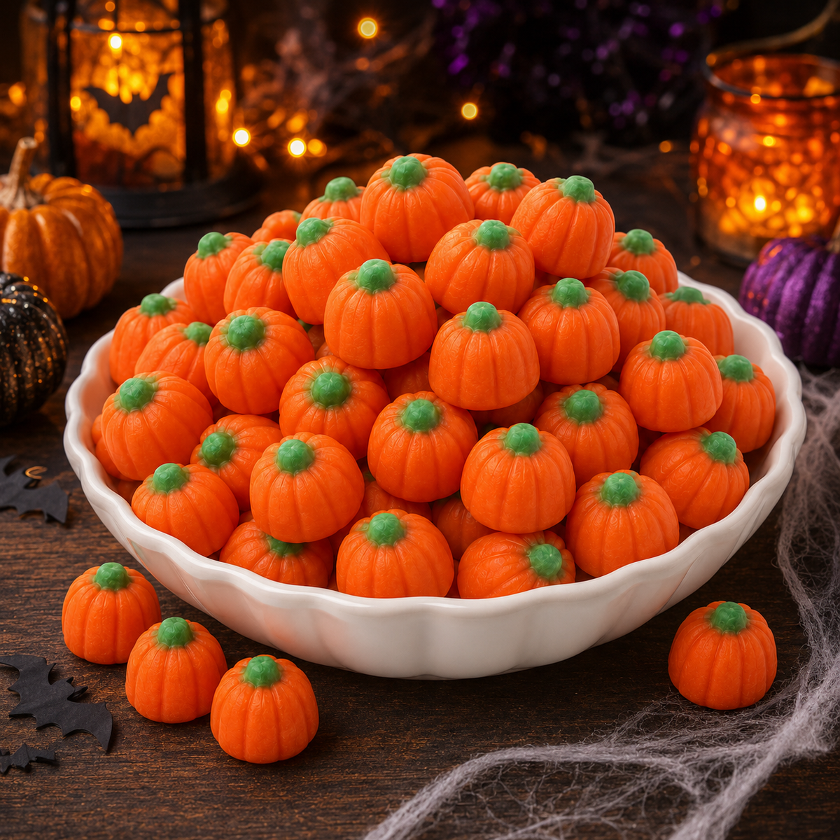 Brach's Mellowcreme Pumpkins candy in a bulk value bag, featuring orange and green pumpkin-shaped candies from Candy In Bulk.