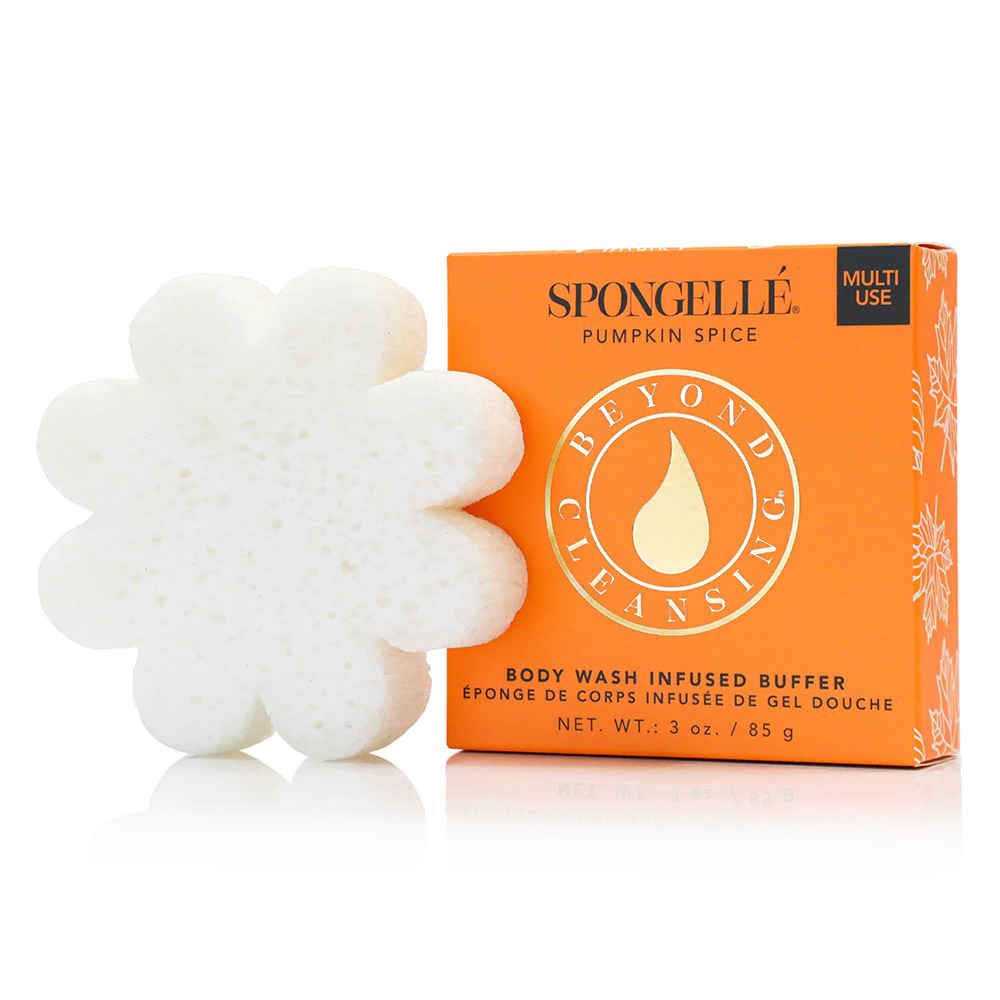 Spongellé Pumpkin Spice multi-use body wash infused buffer with a textured sponge for exfoliating and cleansing the skin.