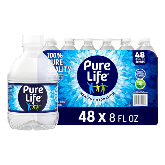 Pure Life 8 fl oz bottled purified water in a 24-pack, mineral-enhanced still water in plastic bottles, crisp and refreshing.