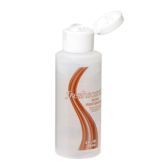 2 oz. clear bottle of QuakeKits.com hand sanitizer with 70% ethyl alcohol for hygiene and germ protection.