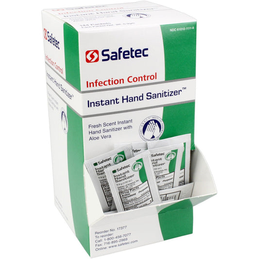 Fresh Hand Sanitizer in 0.9g pouches from Quakekits, 144 per box, portable hygiene product for effective hand cleanliness.
