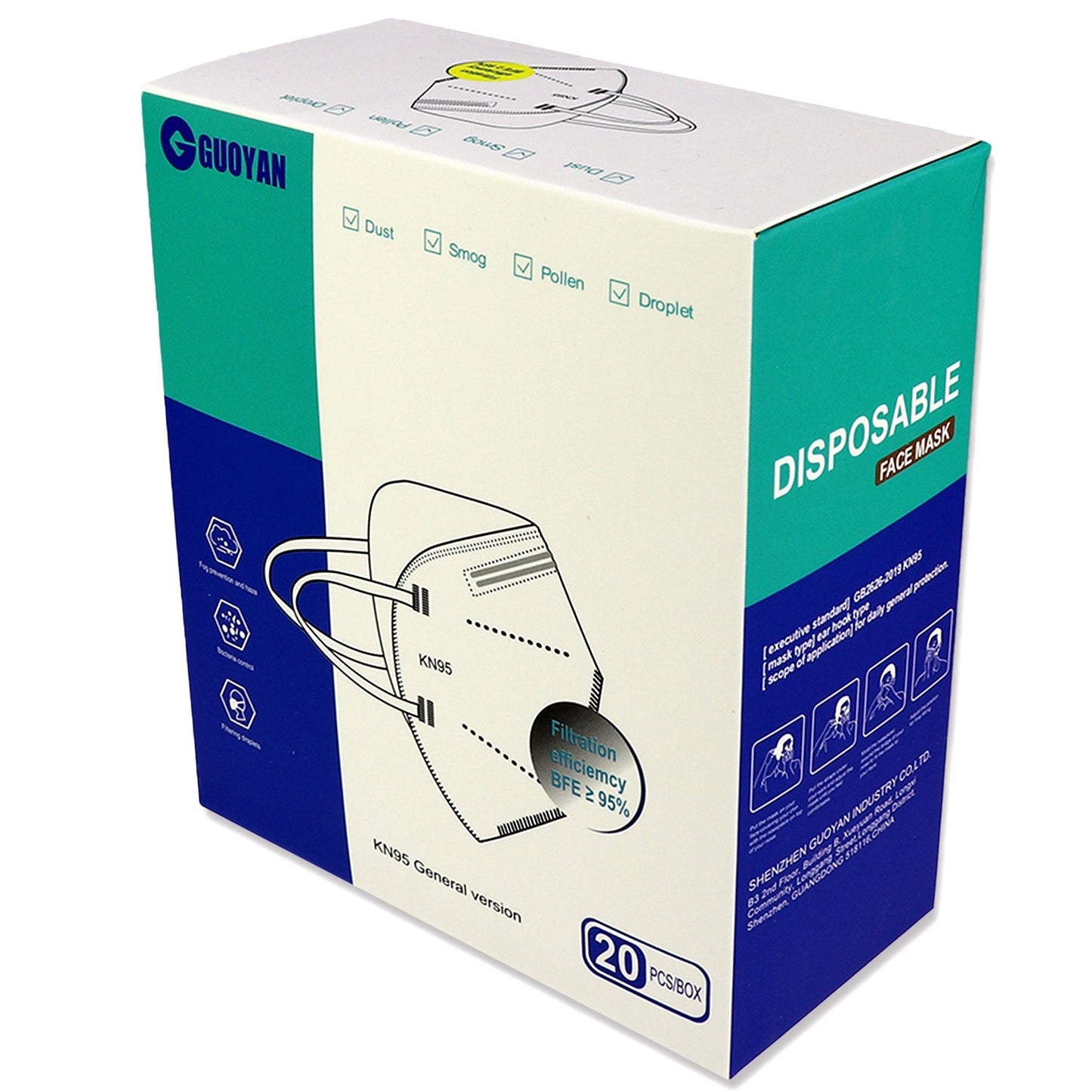 20-pack of KN95 masks by QuakeKits, showing protective masks with ear loops and filtration material for health safety.
