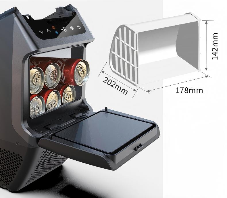 Tesla Model Y rear armrest box with built-in refrigerator, compressor cooling, fast 40-minute chill, easy non-destructive installation.