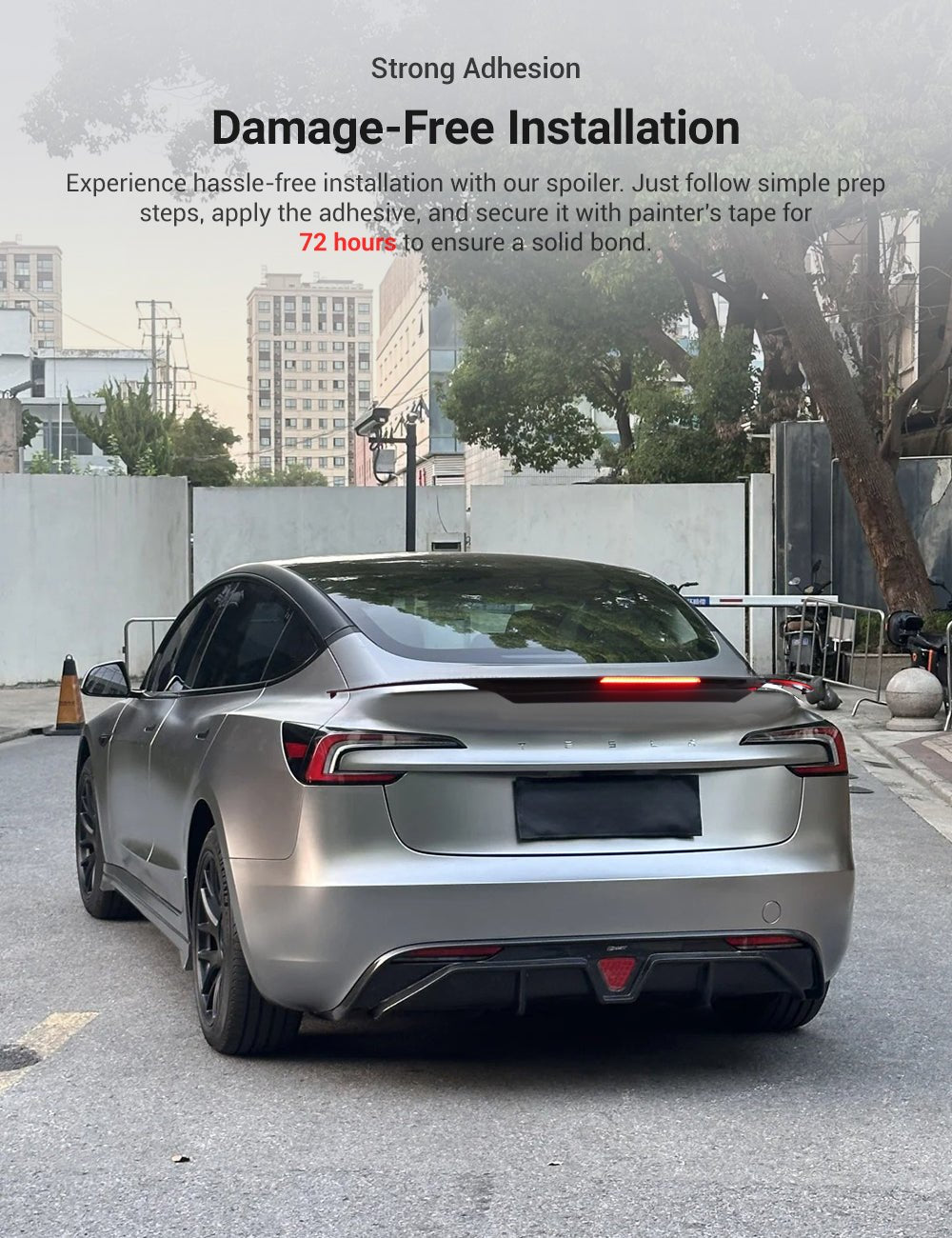 Rear LED spoiler for Tesla Model 3 Highland and Model Y, made of durable ABS, featuring integrated LED lights for enhanced style.