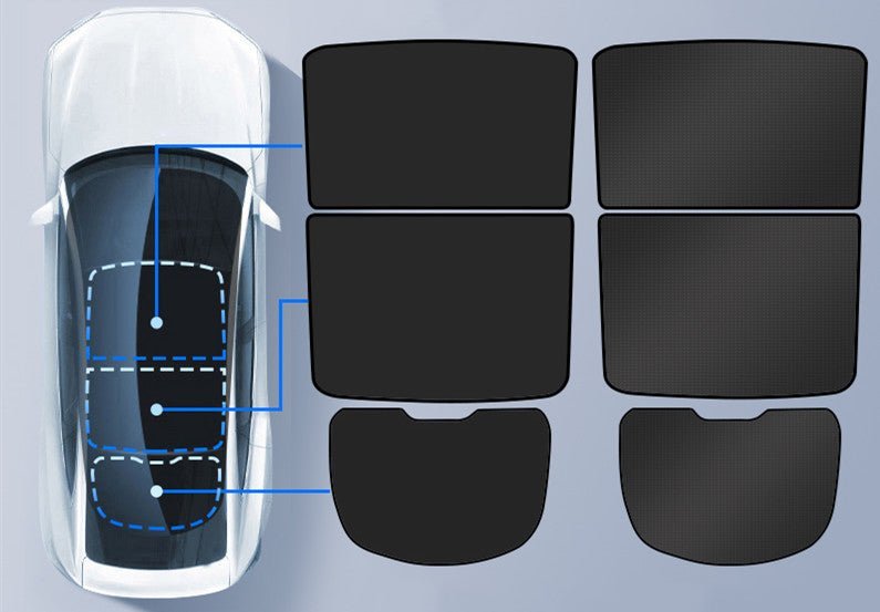 Tesla Model Y rear liftgate sunshade by Tesery Official Store, showing the dark fabric sunshade installed in the vehicle's rear liftgate area.