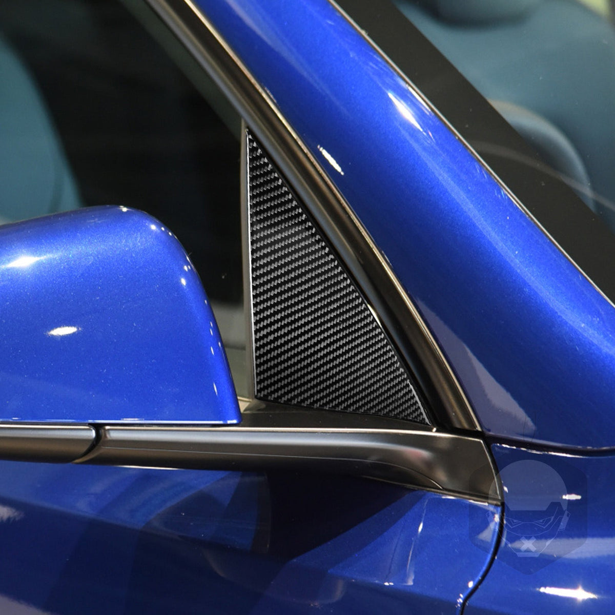 Tesla Model Y 2020-2025 A-pillar accent overlays, mirror area exterior trim with self-adhesive installation.