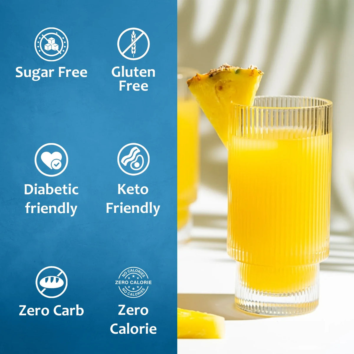 Bottle of Syruvia sugar-free pineapple syrup with fresh pineapple slices and a glass of pineapple drink on a wooden table.