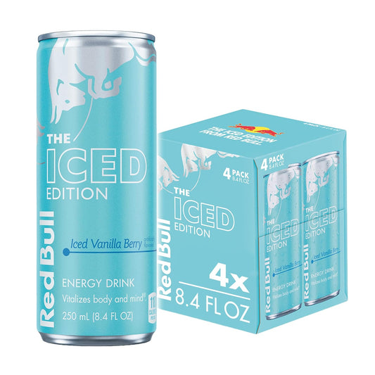 Red Bull Iced Vanilla Berry energy drink cans, 8.4 fl oz, pack of 24, featuring vibrant red and berry-themed branding.