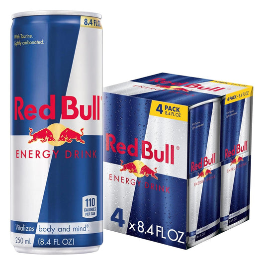 Four cans of Red Bull energy drink with 80mg caffeine, taurine, and B vitamins, 8.4 fl oz each, in a pack of four.