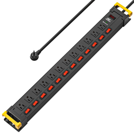 Black CRST surge protector power strip with 12 outlets, 9-foot cord, individual switches, and wall mountable design.