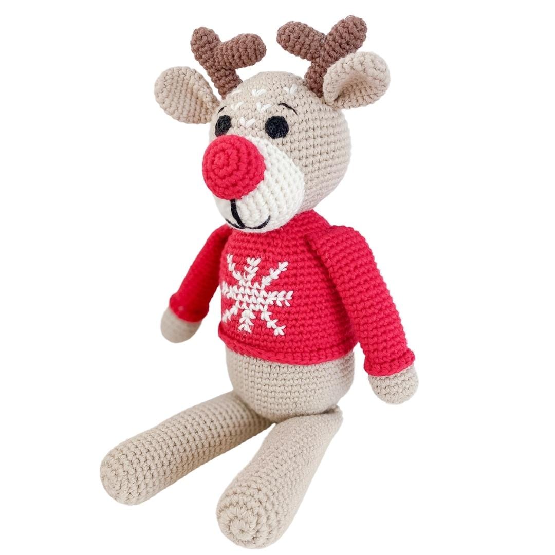 Handmade Ruddy the reindeer stuffed animal made from organic cotton, soft and cute, by bebemoss.com.