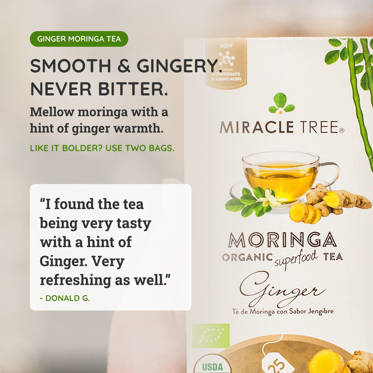 Organic Moringa Ginger Herbal Tea by Miracle Tree, caffeine-free herbal tea in a clear cup showing golden brewed tea.
