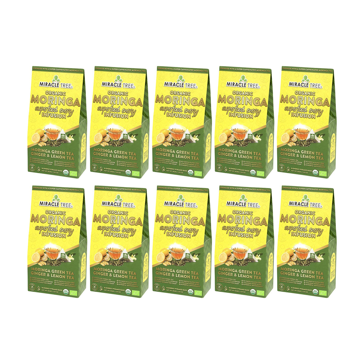 Organic Moringa Energy Tea by Miracle Tree with ginger and lemon, natural coffee alternative, served in a clear glass cup.
