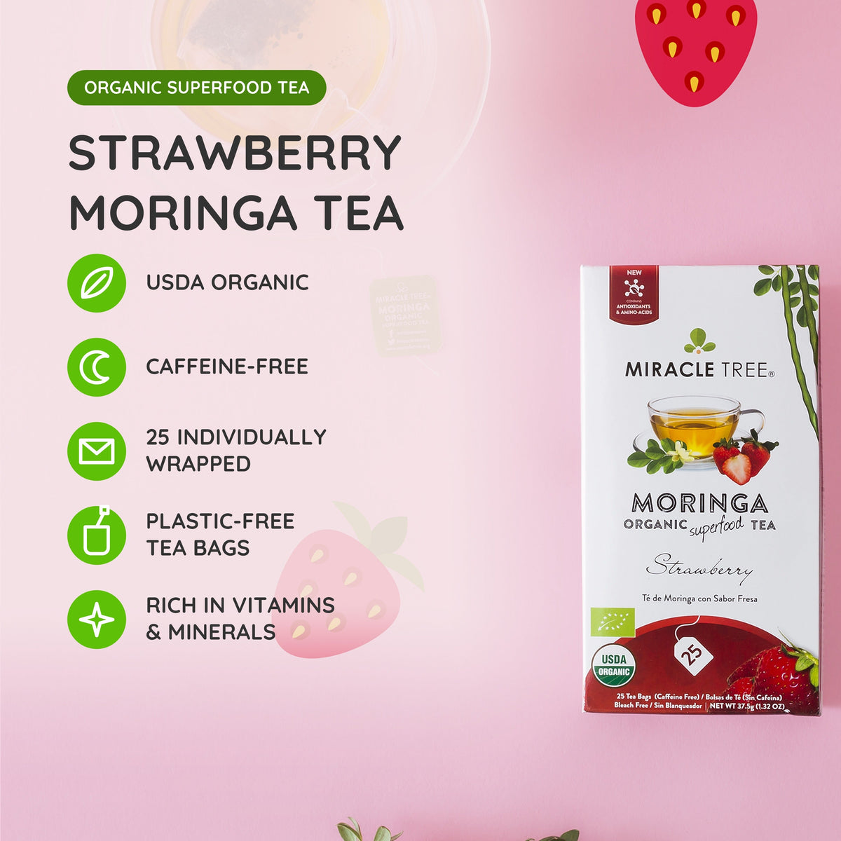 Organic Moringa Strawberry Herbal Tea by Miracle Tree in a tea bag, featuring vibrant strawberry flavor and caffeine-free herbal blend.