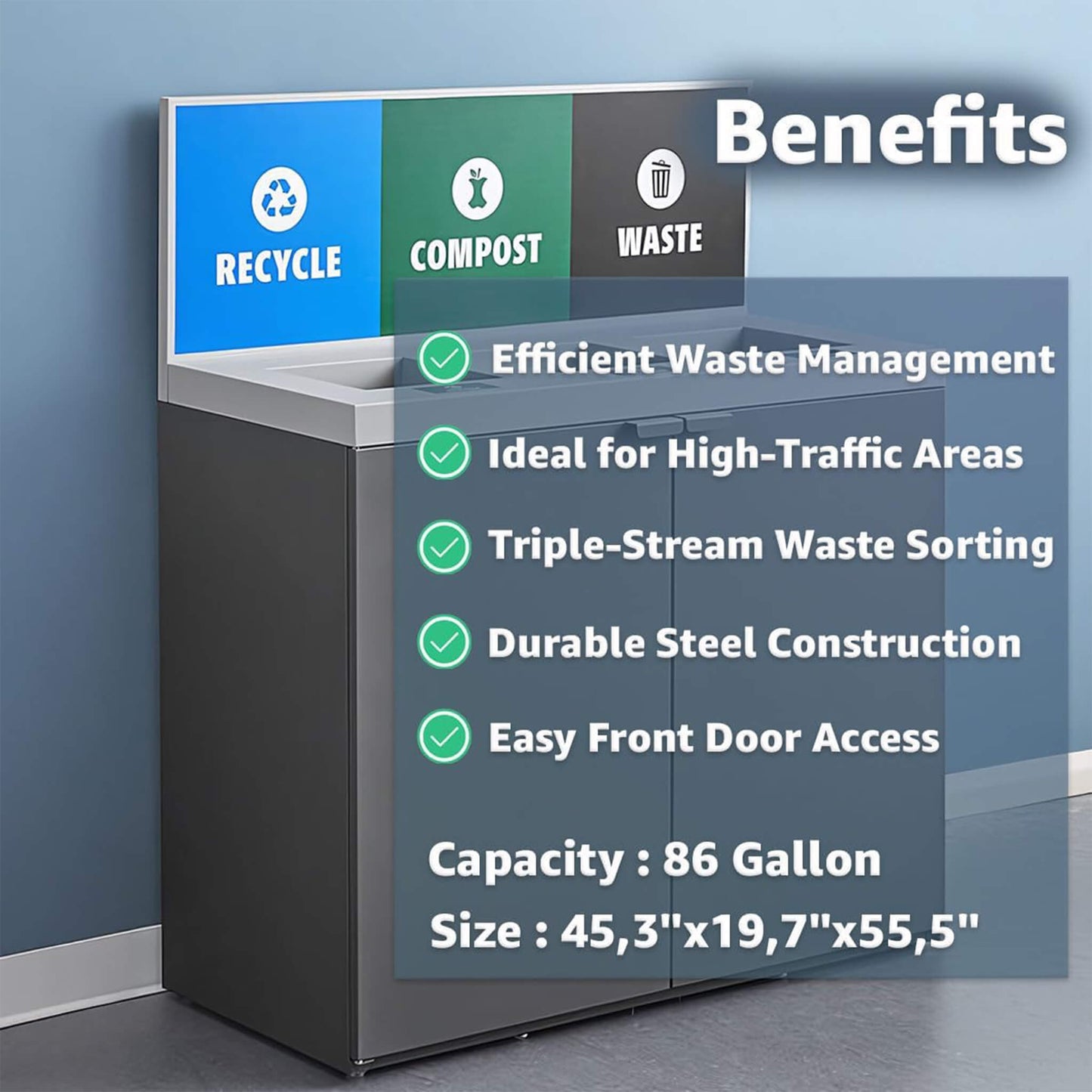 Heavy-duty 86-gallon commercial steel three-stream trash can cabinet with panel, designed for waste management and durability.