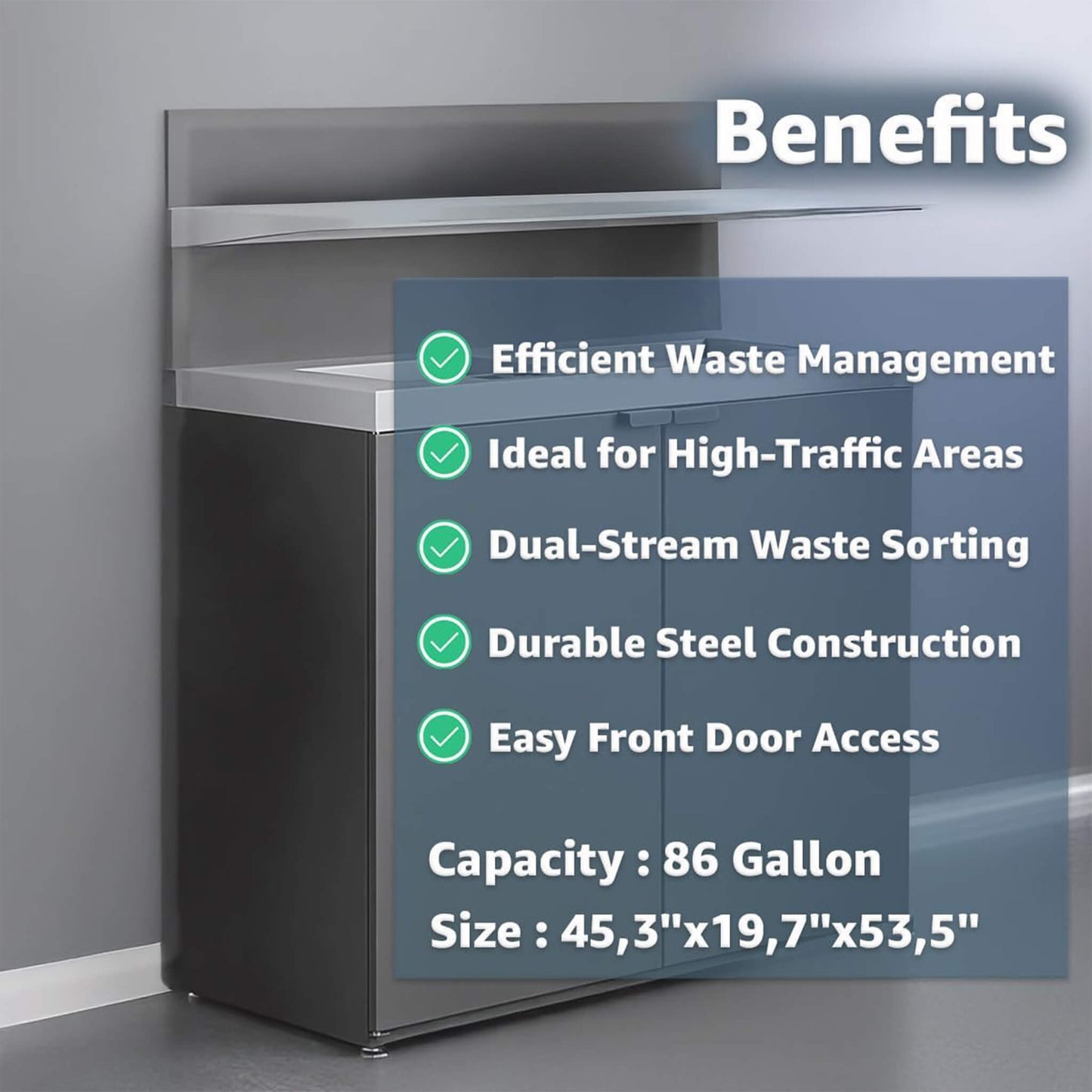 Heavy-duty 86-gallon steel trash can cabinet with two-stream design and tray holder for commercial waste management.