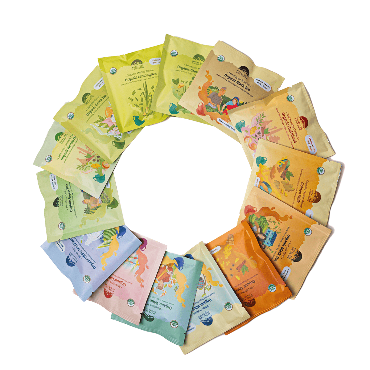Assorted Nepal Tea sampler sachets from The Tea Explorer Set, featuring a variety of tea flavors in individual packaging.