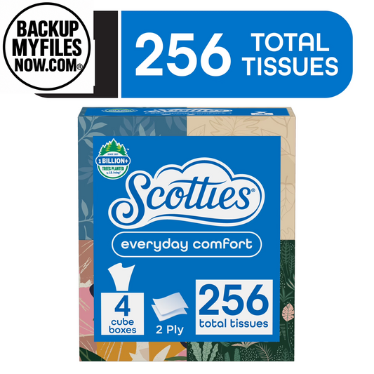 Four packs of Scotties Everyday Comfort Facial Tissues in 2-ply cube boxes, totaling 256 tissues.