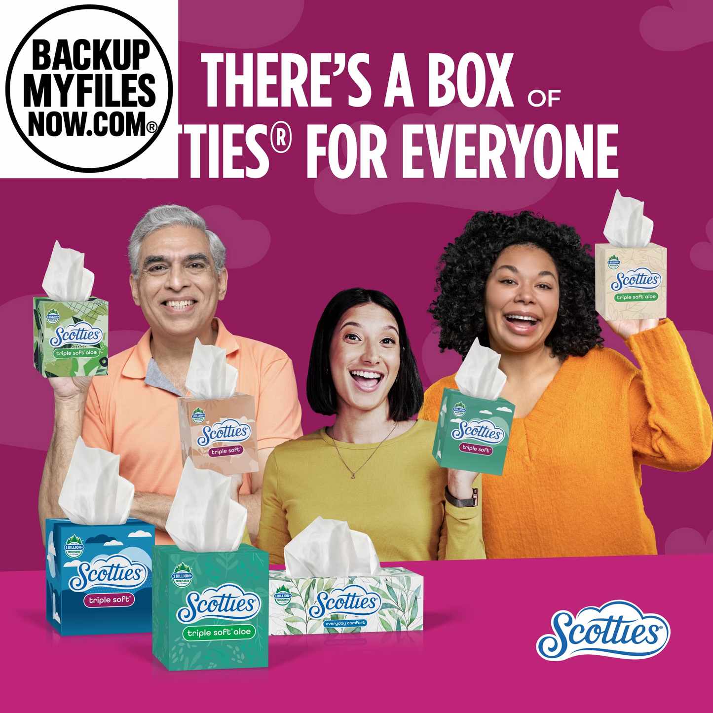 Six-pack of Scotties Everyday Comfort facial tissues in 2-ply cube boxes, totaling 256 tissues for daily use.