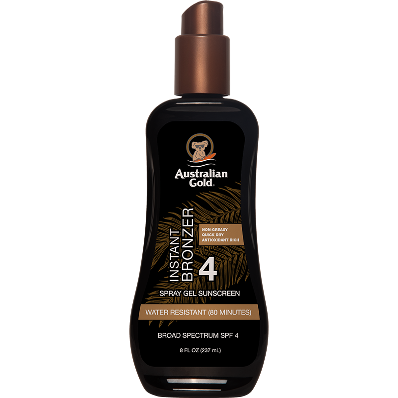 Australian Gold SPF 4 spray gel bronzer in 8 fl oz bottle, moisturizing skin care with sun protection.