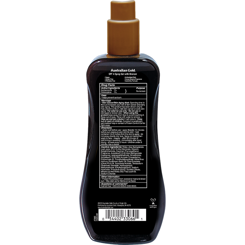 Australian Gold SPF 4 spray gel bronzer in 8 fl oz bottle, lightweight skin care product with sun protection and bronzing benefits.