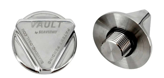 Stainless steel Vault Drain Plug from Seaview Global, with a close-up view showing its durable, polished metal surface.