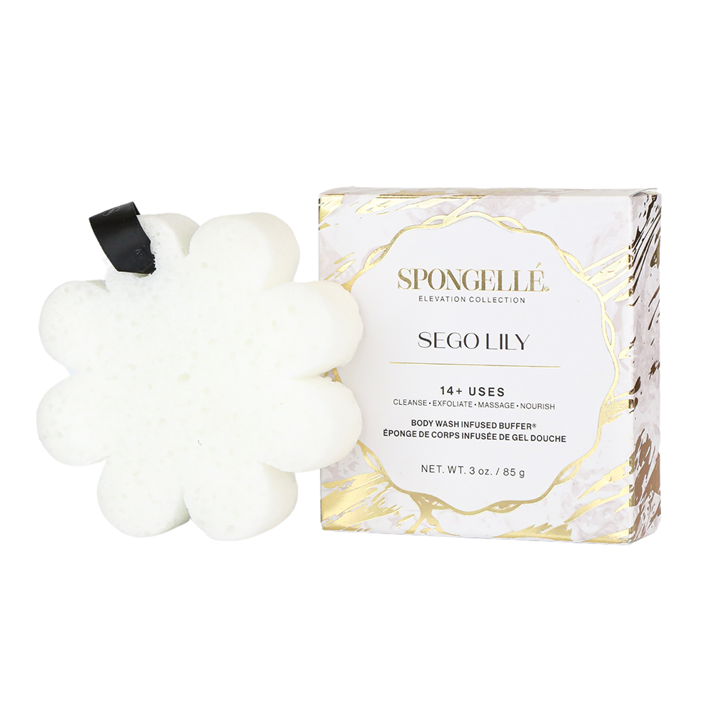 Spongellé Sego Lily Elevation Body Wash Infused Buffer with floral design and textured surface for refreshing skincare.