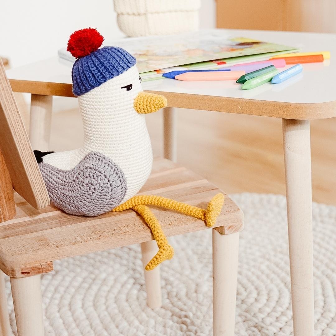 Handmade Seth the Seagull stuffed animal by Bebemoss, crafted from organic cotton with detailed features.
