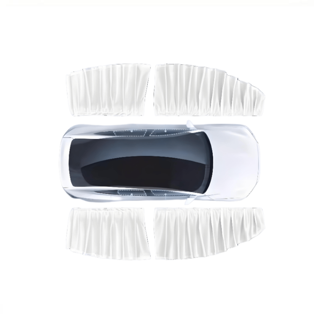 Set of four Tesla Model 3 and Y side window sunshades by Tesery, providing UV protection and privacy for vehicle windows.