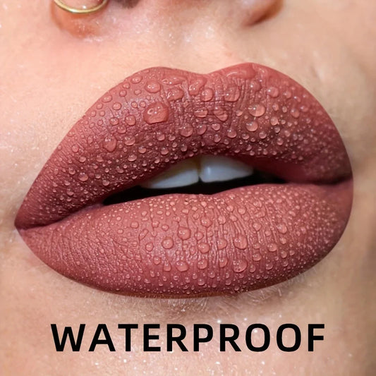 Silcy Skin matte velvet waterproof liquid lip gloss in nude and red shades, featuring black lips tint and glossy lip stain.