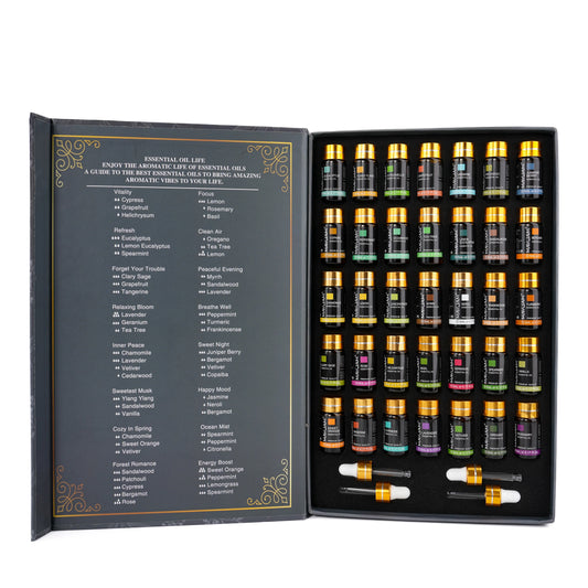 Set of 35 Silcy Skin aromatherapy essential oils including lavender, jasmine, eucalyptus, vanilla, peppermint, and sandalwood.