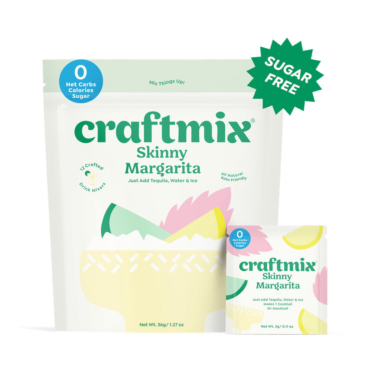 Craftmix Skinny Margarita cocktail mix in a bottle with a colorful label and badge, perfect for preparing a low-calorie margarita.