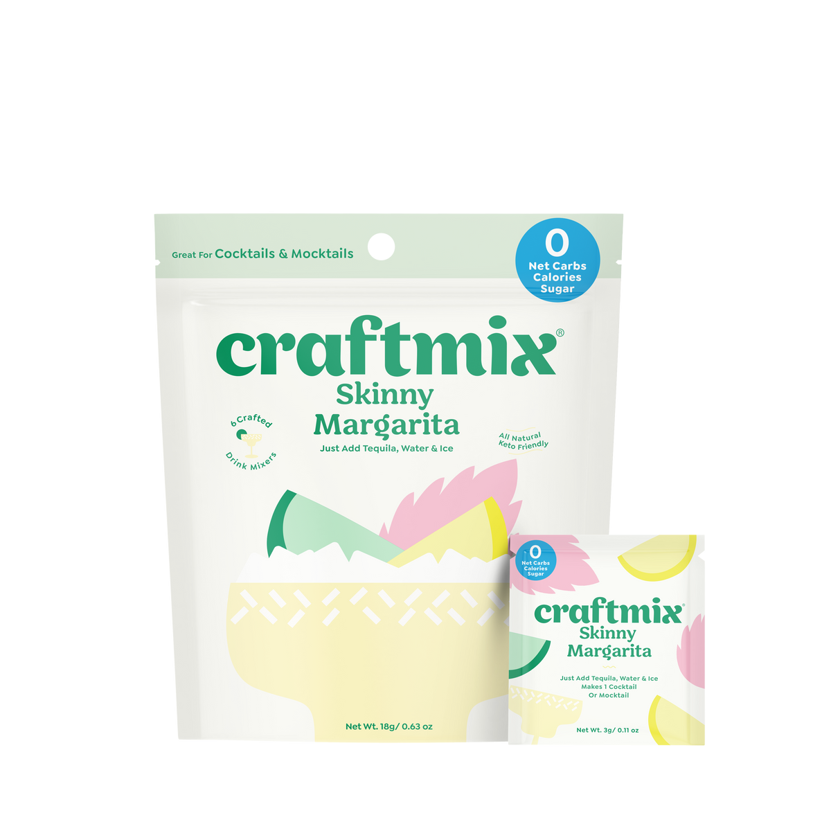Six-pack of Craftmix Skinny Margarita cocktail mix with sachets, ready to make low-calorie margaritas at home.