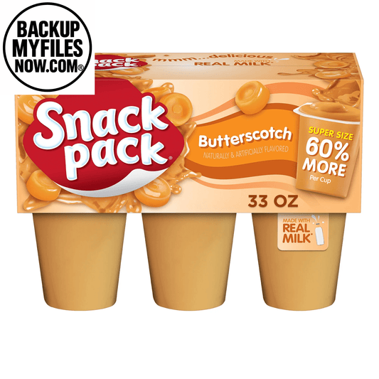 Six Snack Pack Super Size Butterscotch Pudding cups, 5.5 oz each, in a 4-pack carton, showing creamy pudding and packaging.