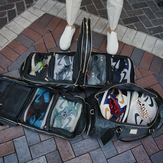 Sole Premise Monogram Leather 3 Bag Set with signature backpack, commuter bag, and duffle bag for stylish travel and daily use.