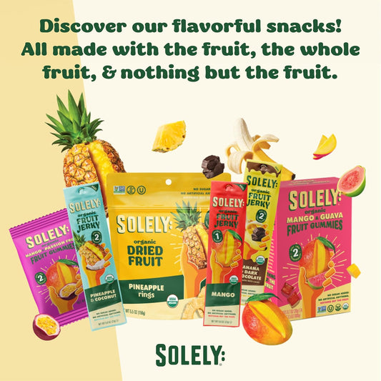 Organic dried mango halves in a resealable bag, showcasing bright orange, chewy fruit slices from SOLELY, a healthy vegan snack.