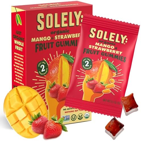 SOLELY Organic Mango and Strawberry Gummies in a box with five snack bags, showcasing colorful fruit-flavored gummy candies.