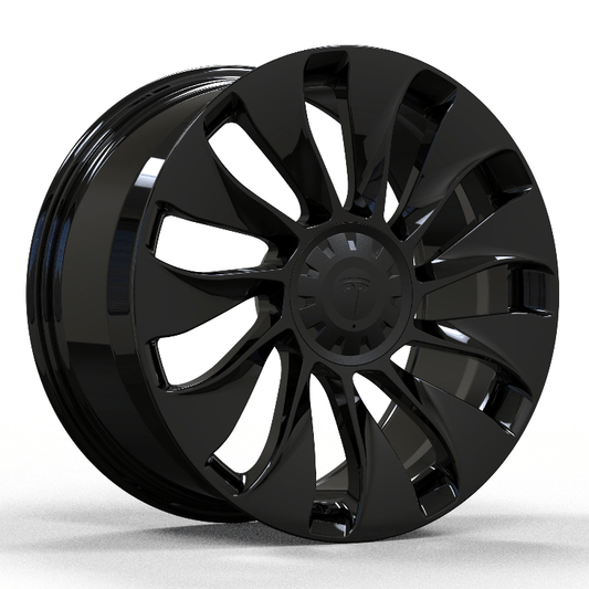 Set of four Tesla Model Y/S performance rims by Tesery Official Store, showcasing sleek, modern wheel design for electric SUVs.
