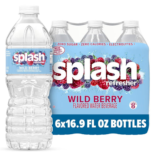Six SPLASH REFRESHER Wild Berry flavored water bottles, 16.9 oz each, with electrolytes, zero sugar, and zero calories.