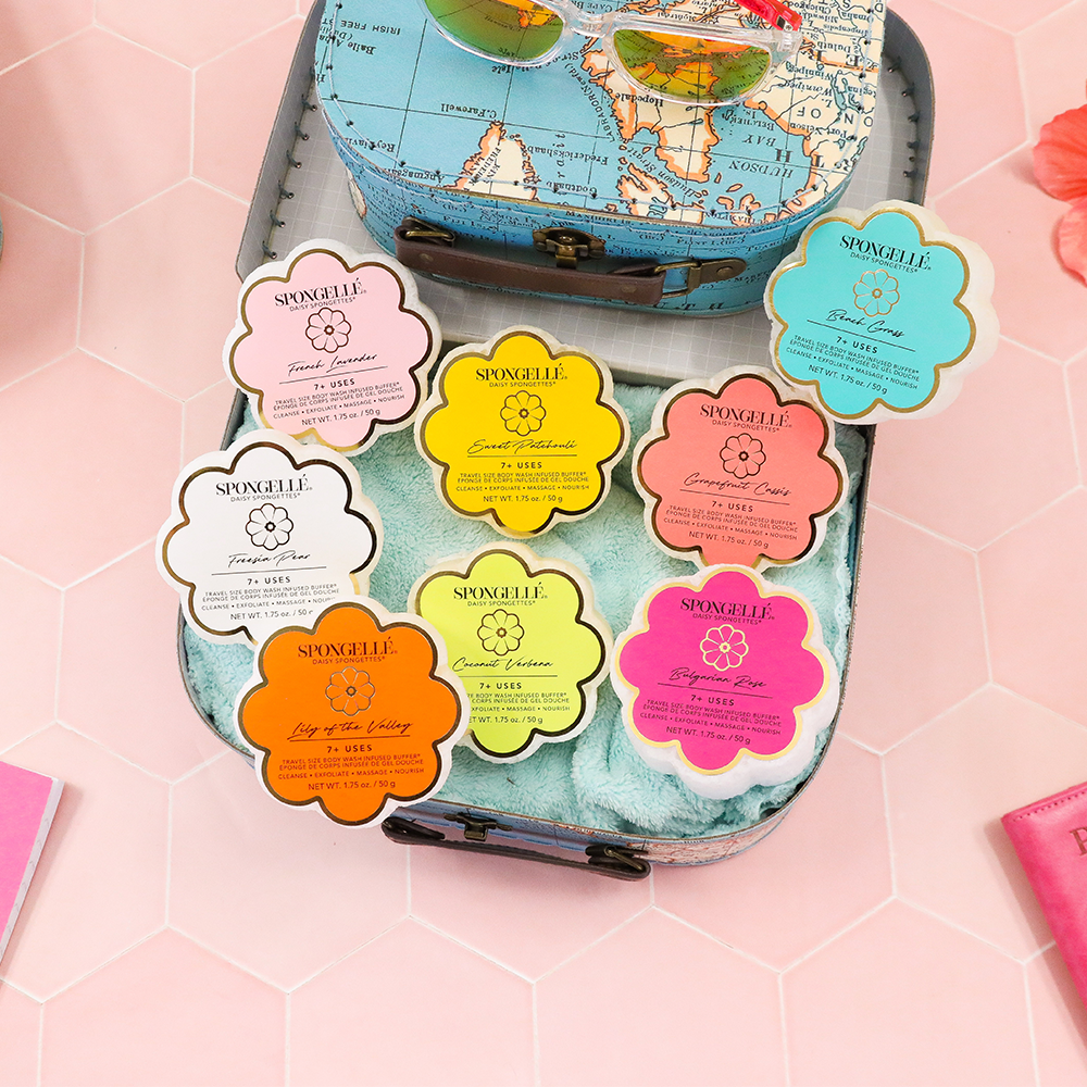 Spongellé Daisy Spongette Assorted Pack body wash infused buffer with floral design on the textured sponge surface.