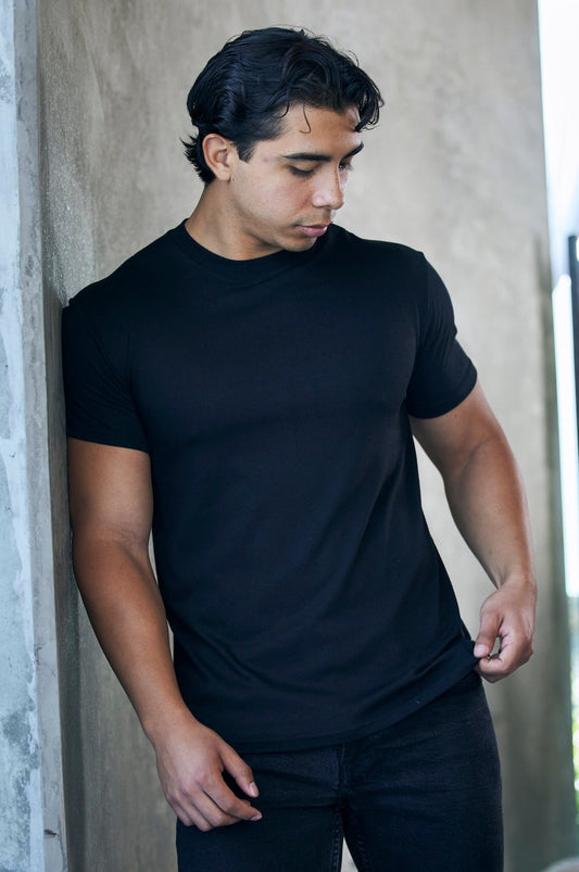 Men's black bamboo viscose organic cotton short sleeve T-shirt by Spun Bamboo, classic cut, displayed flat on a neutral background.