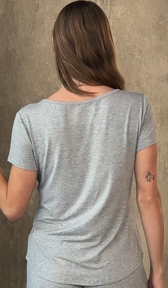 Women’s bamboo lounge set by Spun Bamboo, includes heather grey lounge T-shirt and matching shorts, casual and comfortable.