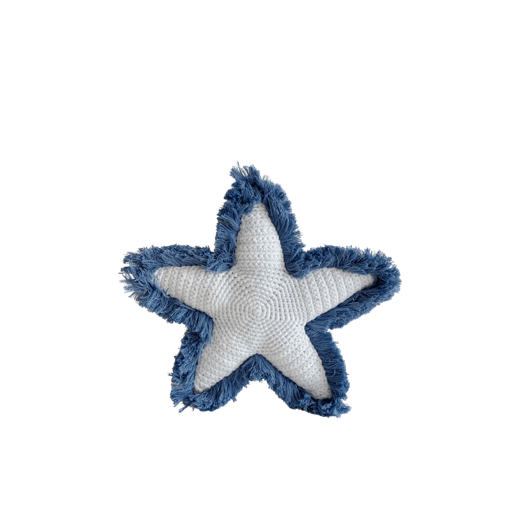 Blue starfish stuffed animal made of handmade organic cotton, soft and adorable toy for kids by Bebemoss.
