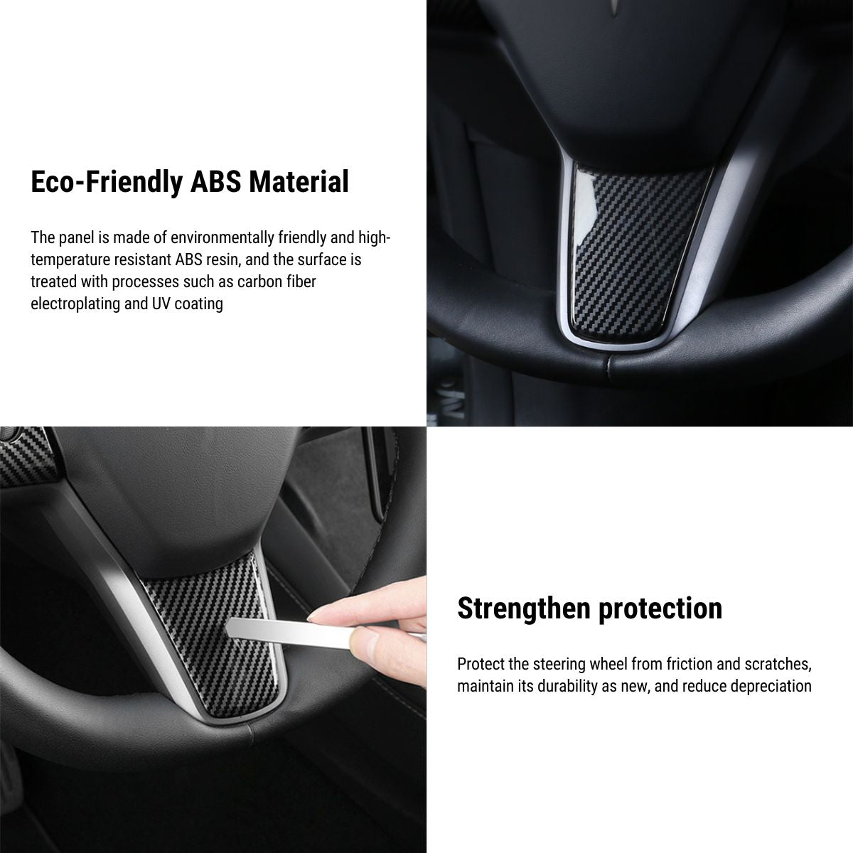 Tesla Model 3 and Y steering wheel cover patch, black textured material, fits 2017-2025, provides grip and style.