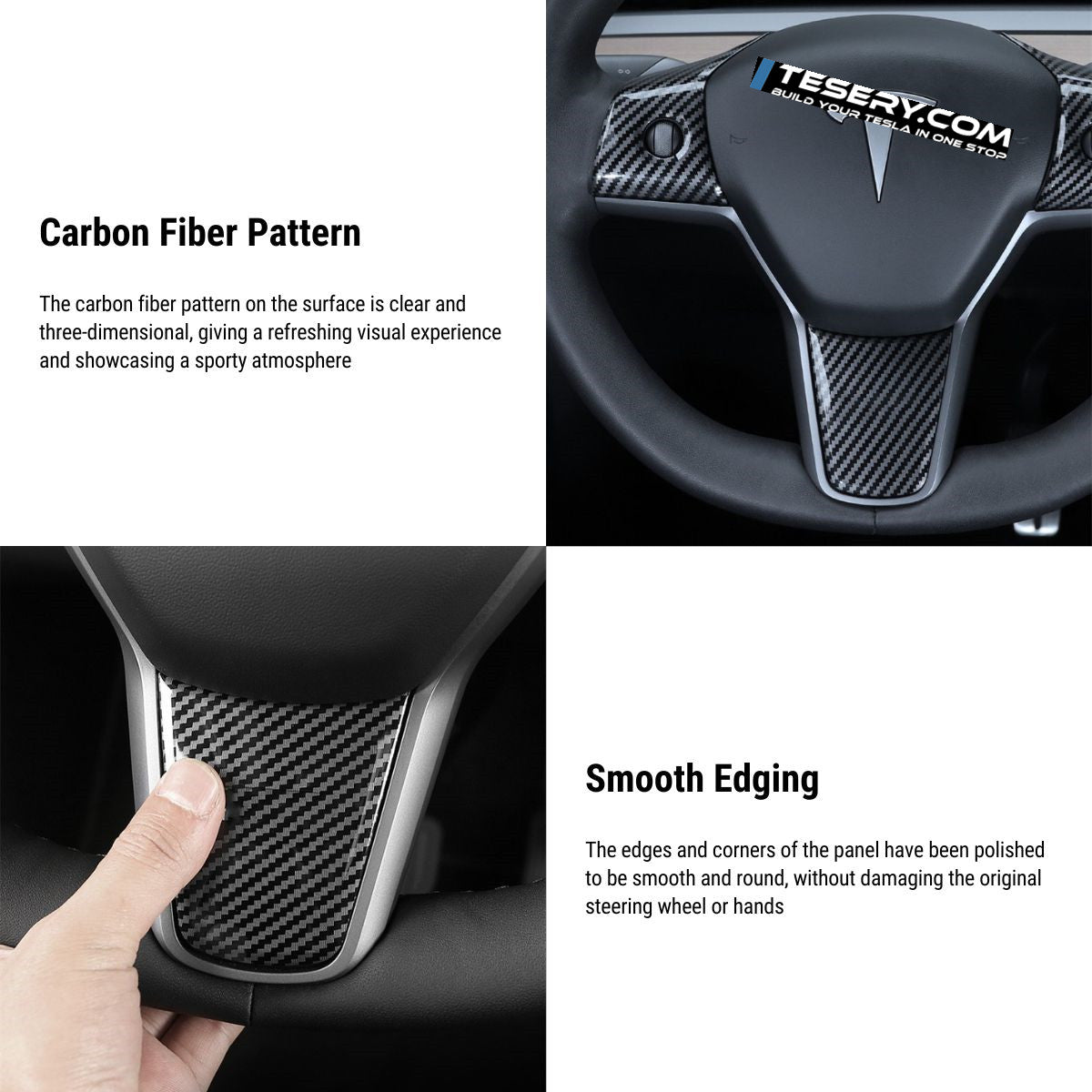 Tesla Model 3 and Y steering wheel cover patch by Tesery, showing a close-up of the textured black steering wheel attachment.